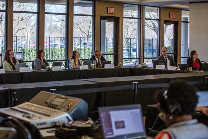 California Rehabilitation Oversight board members listen to speakers during a meeting at Sacramento State University in Sacramento on Jan. 26, 2023.