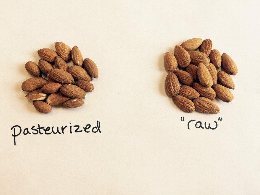 Left: Raw California almonds that have been pasteurized, as required by law. Right: Unpasteurized almonds, which some critics argue are the only really "raw" nuts.