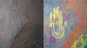 The digital tool called DStretch can draw out pictograph images invisible to the naked eye. Above, what appear as dim pigments on a rock surface at Hueco Tanks State Park are revealed to be stylized handprints, likely applied by a child or adolescent.