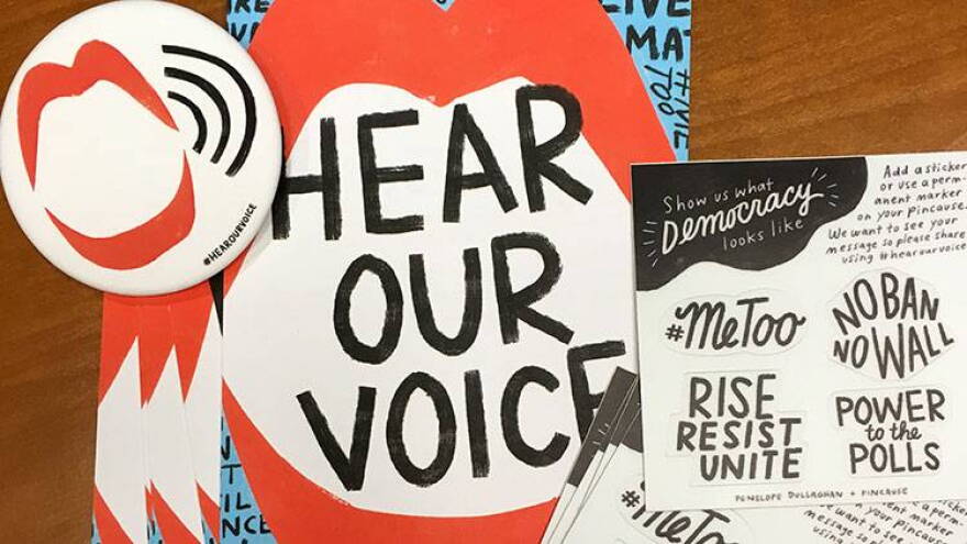 Local illustrator Penelope Dullaghan designed pins for the Women's March.
