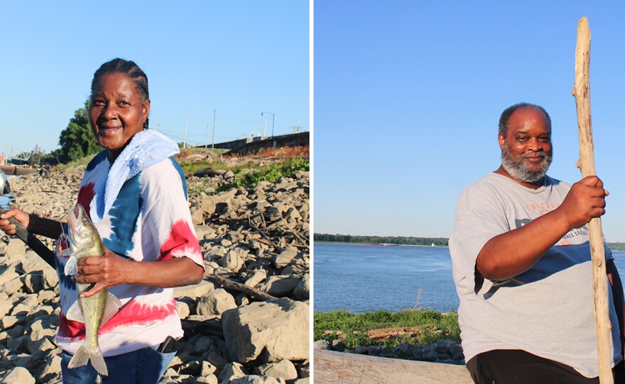 Beverly Davis (left) shows off a catfish along the riverbank in Cairo, Ill. Davis fishes often for dinner and gives away much of her catch to the community. Ronnie Woods (right), a local pastor and retired schoolteacher, explains why he got vaccinated against COVID-19: "I have strong faith," Woods says. "And at my age, my risk factors, I just felt that God placed science there to help us."