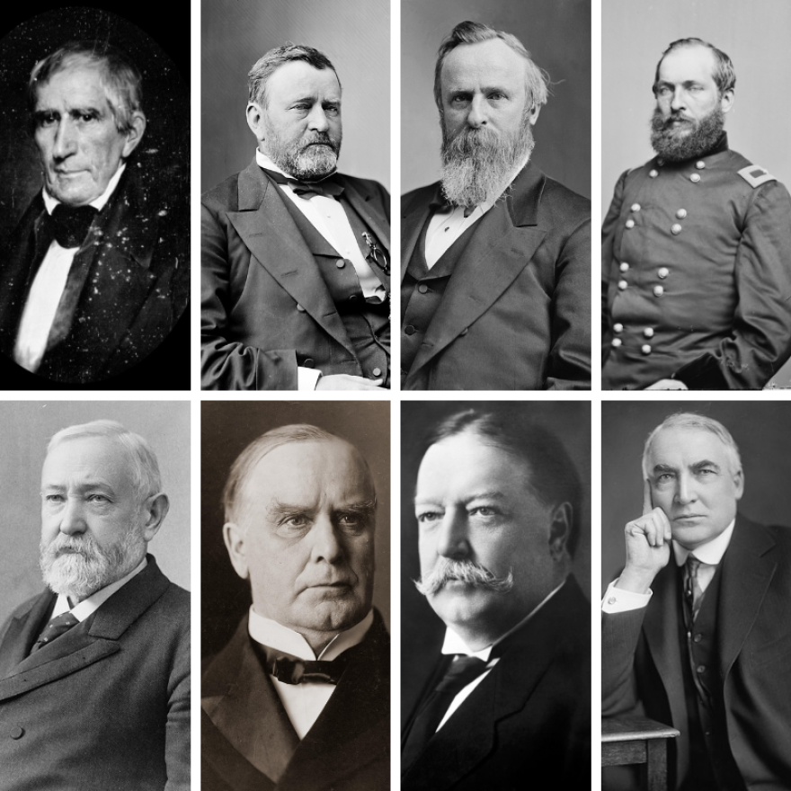 From top left: Presidents William Henry Harrison; Ulysses Grant; Rutherford B. Hayes; James Garfield; Benjamin Harrison; William McKinley; William Howard Taft; Warren G. Harding. 
