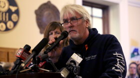Arthur Barnard, of Topsham, speaks during the Jan. 3 gun safety rally at the Maine State House. Barnard's son, Arthur Strout, was one of 18 people killed in the Lewiston shootings last October.