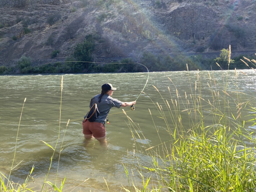 A person standing in a river with water up to their knees. They are holding a fishing rod and casting the line.