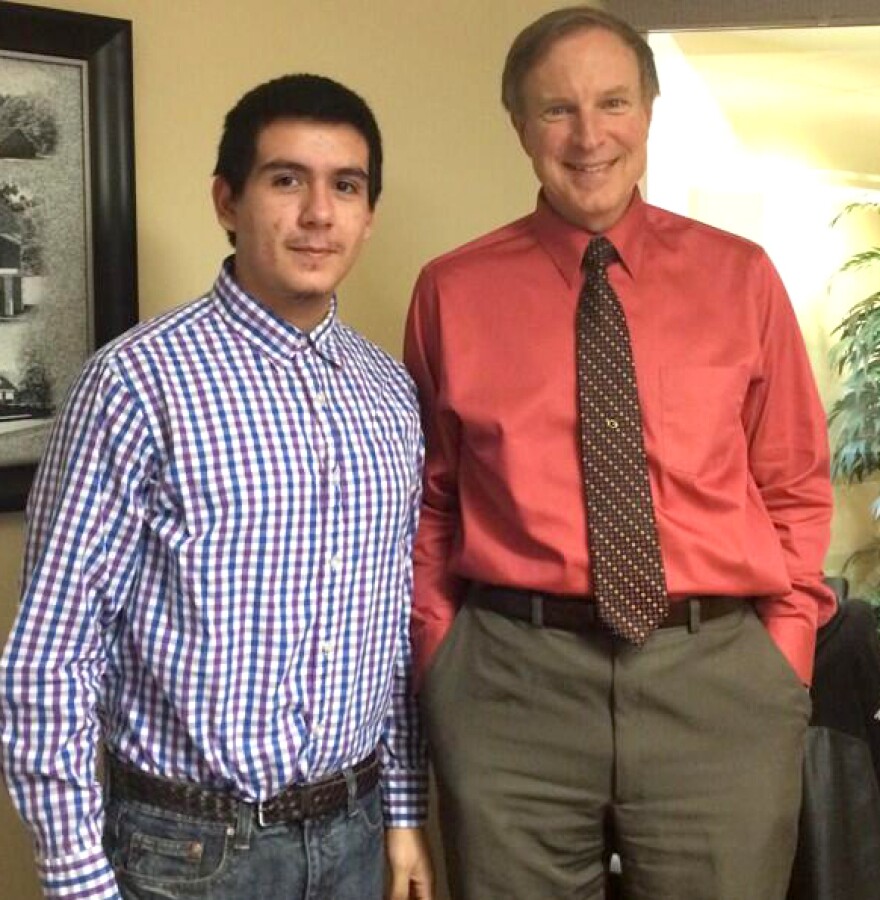 Student Jose Magana, left, with engineer Ken Sgorbati after their interview at Sgorbati's Hamden office.