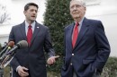 House Speaker Paul Ryan and Senate Majority Leader Mitch McConnell talk with reporters outside the White House on Monday, Feb. 27, 2017.