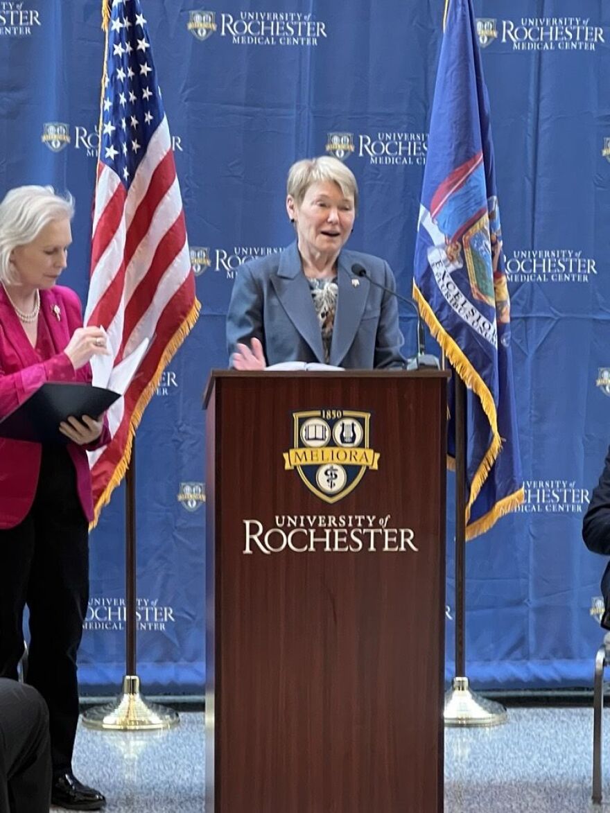 University of Rochester President Sarah Mangelsdorf was among the leaders from UR and RIT meeting with Sen. Kirsten Gillibrand (D-NY) in Rochester on Friday, Feb. 14, 2025.