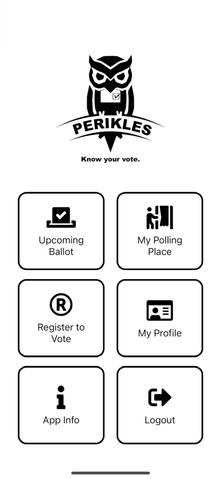 This is the homepage of the Perikles app, offering upcoming ballot and polling place information, as well as aiding users in registering to vote.