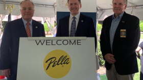 Former Reidsville Mayor Jay Donecker stands with Tony Copeland, the former Secretary of the NC Department of Commerce, and Timy Yaggi, the previous CEO of Pella Corporation in 2019.