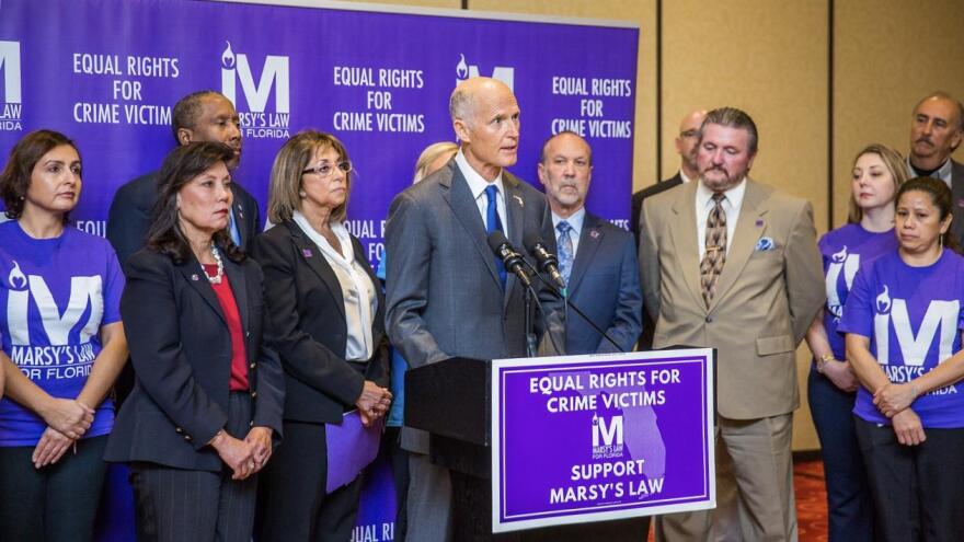 Governor Rick Scott speaks on behalf of Marsy's Law in Florida at an event in March.