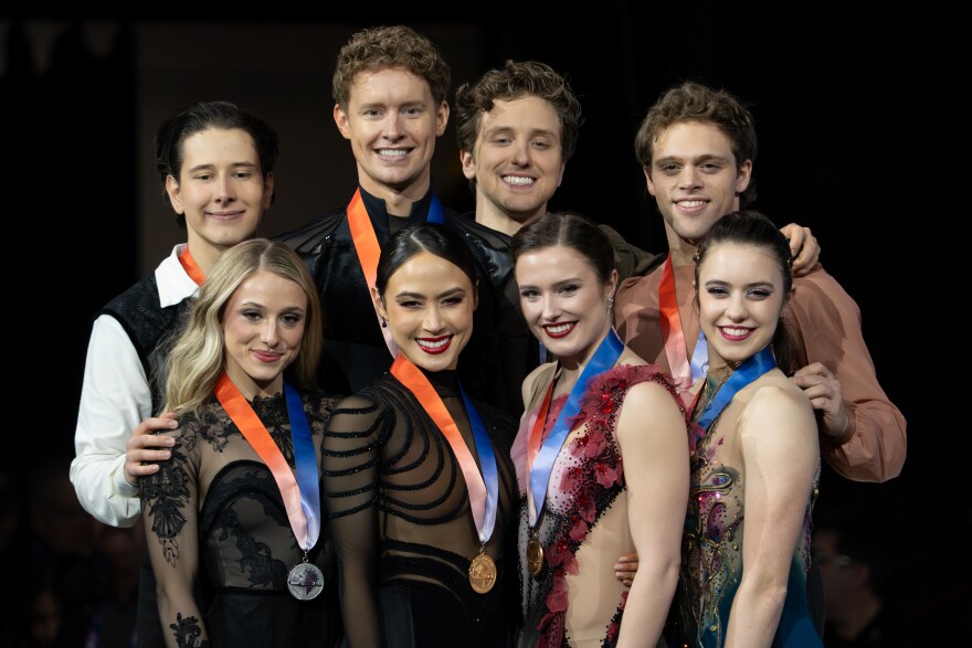 From left: silver medalist Emilea Zingas and Vadym Kolesnik, gold medalists Madison Chock and Evan Bates, bronze medalists Christina Carreira and Anthony Ponomarenko and fourth place finishers Caroline Green and Michael Parsons pose after the free dance competition during the 2026 U.S. Figure Skating Championships at the Enterprise Center on Saturday, Jan. 10, 2026, in St. Louis’ Downtown West neighborhood.