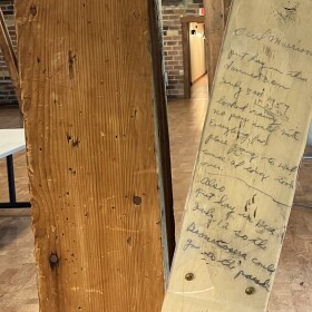 A message from the days of the Traverse City State Hospital, preserved by staff and volunteers at Historic Barns Park. (Photo: Claire Keenan-Kurgan/IPR)