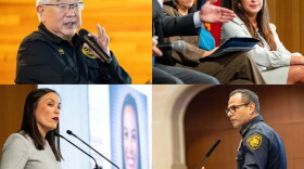 From left, Bexar County Judge Peter Sakai speaks during a County Budget Town Hall, Councilmember Marina Aldrete Gavito (D7) speaks at the Metro SA Chamber’s City Vision event, Mayor Gina Ortiz Jones speaks at the Metro Chamber event and SAPD Chief Jesse Salame speaks during city budget discussions.