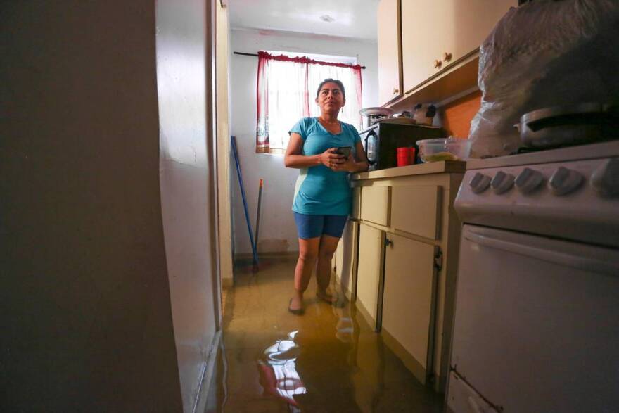 Woman standing on a flooded floor in her kitchen