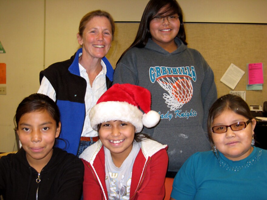 Margaret Erhart and some of her creative writing students at Eagles' Nest Intermediate School in Tuba City, Arizona, on the Navajo Nation.