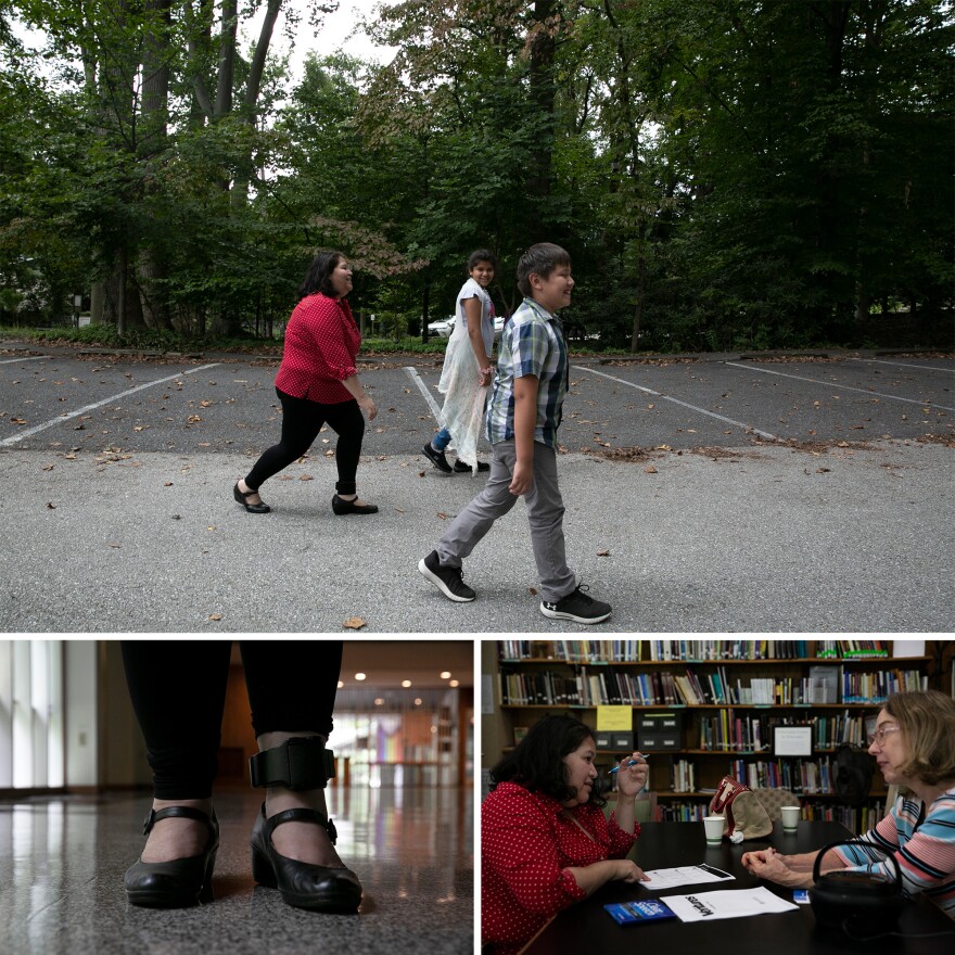 Top: Rosa goes for a walk with her children. Bottom left: U.S. Immigration and Customs Enforcement put a monitor on Rosa's ankle to keep her locations. She has been wearing the monitor for more than two years. Bottom right: Rosa has English classes with sanctuary volunteer, Gail, three times a week and planning to take it every day.