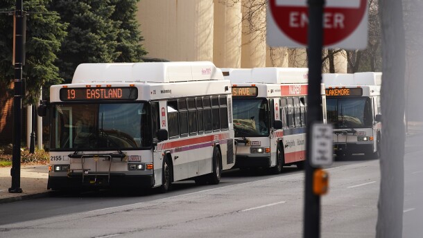  A row of Akron Metro RTA buses are lined up on South Broadway Street in Downtown Akron.