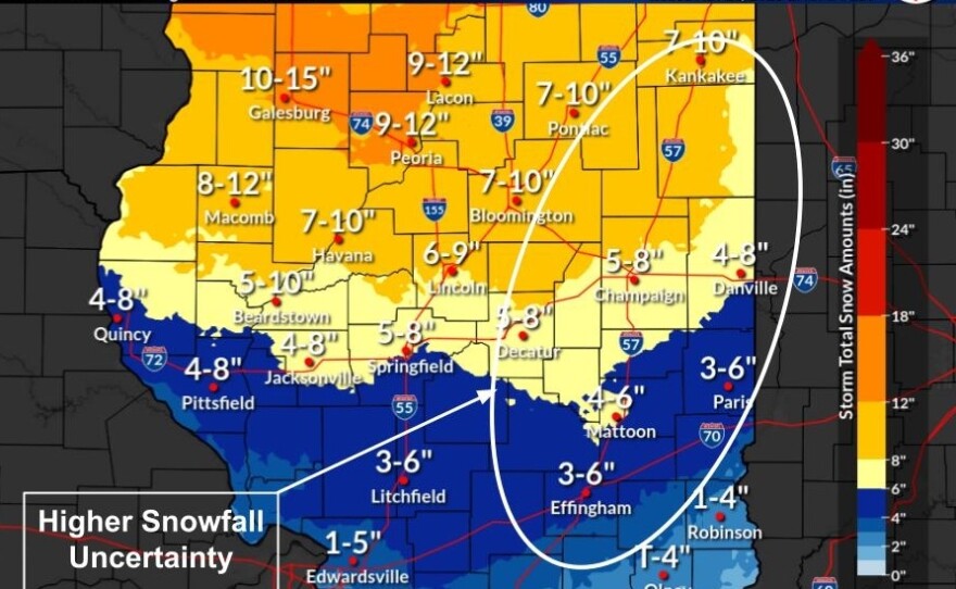 Heavy snow of 6 to 12 inches is expected in much of west-central Illinois on Friday night through Saturday night. The higher amounts will be closer to the I-74 corridor.
