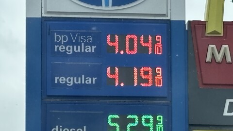 A gas station near Montrose displays a price of $4.199 cents per gallon for regular fuel on March 23, 2026.