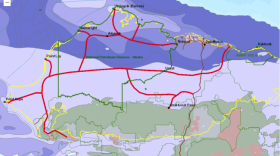 Potential transportation corridors to communities and resources are indicated in red on the state’s map outlining the ASTAR project. (Courtesy Alaska Department of Natural Resources)