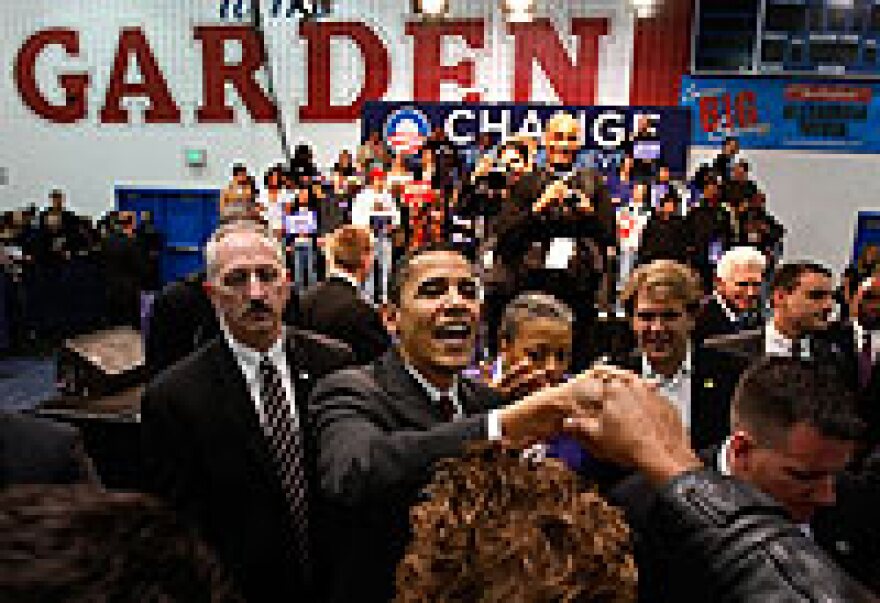 Democratic presidential candidate Sen. Barack Obama campaigns Feb. 10 at T.C. Williams High School in Alexandria, Va.