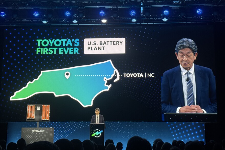 Ted Ogawa, President and CEO of Toyota Motor North America, speaks at a ceremony to mark the start of production at the company's Liberty, N.C. factory. The sprawling plant has hired more than 1200 employees and plans to eventually have about 5000 workers.