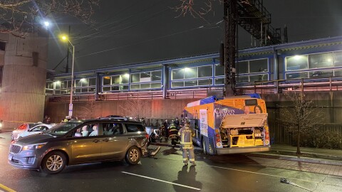 Photographs provided by Bridgeport city officials show damages to a sports utility vehicle, a pickup truck, and a Greater Bridgeport Transit bus with its front crumpled resting against a concrete wall of the Bridgeport train station on December 23, 2025.
