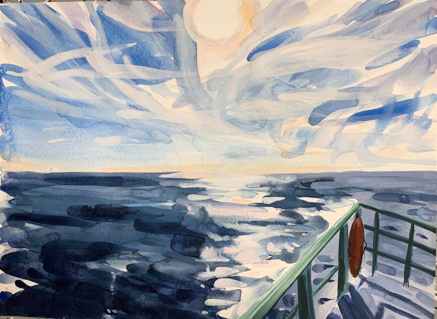 Watercolor painting of the ocean horizon with a ship's railing in the right bottom corner