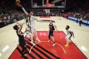 Apr 26, 2026; Portland, Oregon, USA; San Antonio Spurs forward Victor Wembanyama (1) blocks a shot during the second half against Portland Trail Blazers forward Deni Avdija (8) during game four of the first round of the 2026 NBA Playoffs at Moda Center.