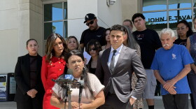 Lisa Matus speaks at a press conference with her attorneys outside the Riverside County Administrative Center in Riverside, Calif., Wednesday, Aug. 26, 2026.