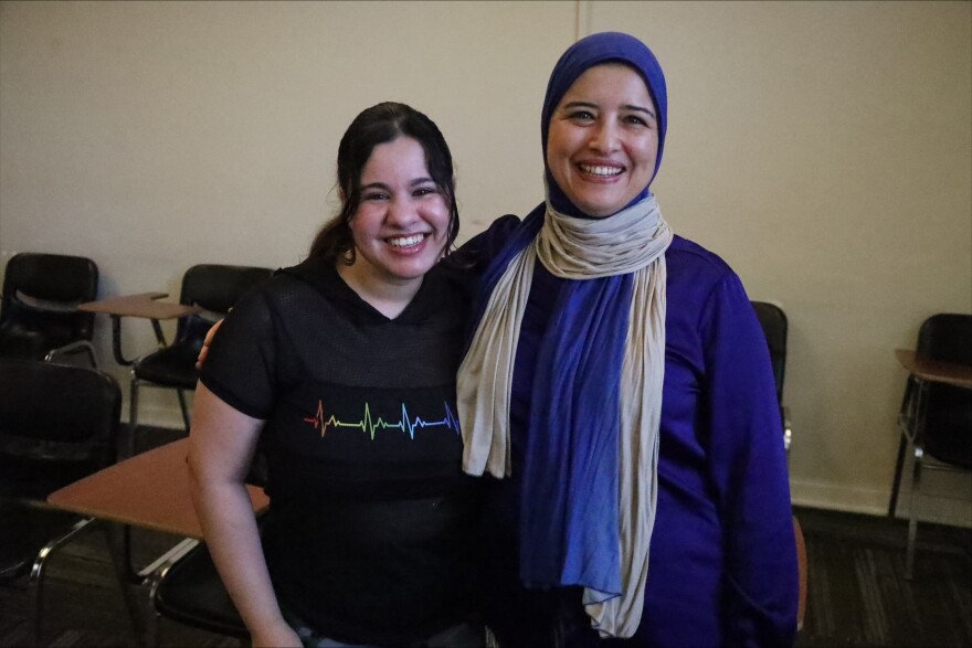 Aya Fayed, left, a PhD student and Arabic lecturer at KU, and Amal El Haimaur, right, assistant professor of African and African American Studies at KU, helped prepare Lawrence to host the Algerian national team.