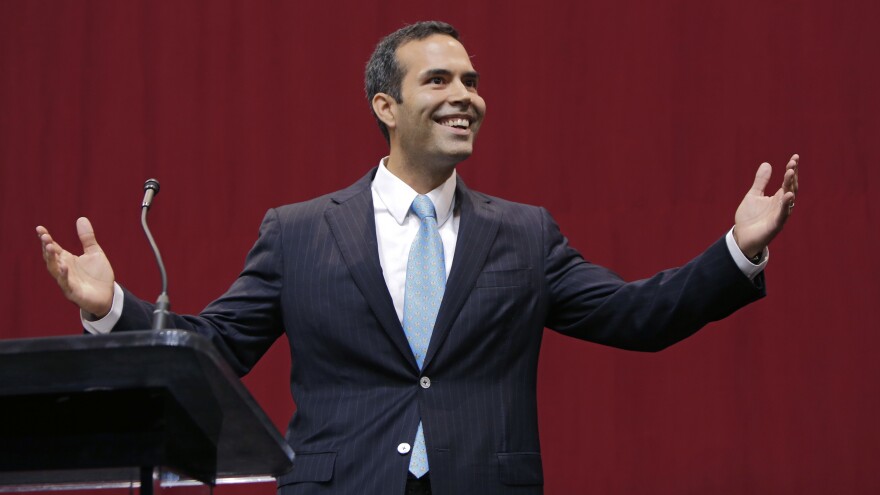Texas Land Commissioner George P. Bush speaks at a victory party for Gov. Greg Abbott in November 2014.