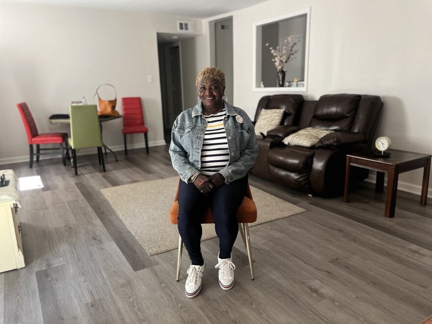 Janice Shirley sits inside her transitional housing apartment, part of her nonprofit 'Hope In the End'.