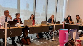 Members of the Missouri Child Welfare Task Force discuss child safety standards on Oct. 5 in Jefferson City. Pictured from left are St. Louis County Chief Juvenile Officer Rick Gaines, Missouri State Courts Administrator Kathy Lloyd, Christian County Circuit Judge Jessica Kruse, Audrain County Associate Circuit Judge Melissa Buckman Young, Children's Division Director Sara Smith and State Rep. Melissa Schmidt (Steph Quinn/Missouri Independent).