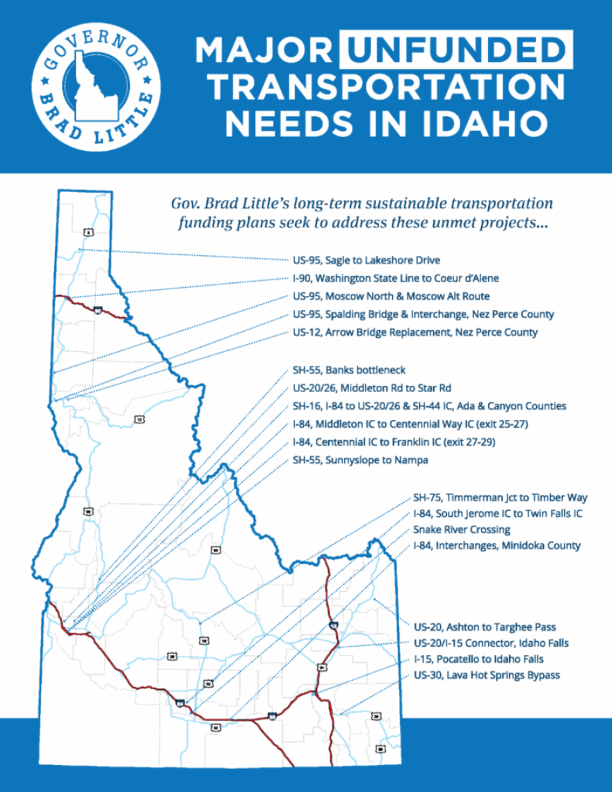 Gov. Brad Little included this graphic in a release pushing for transportation funding during the legislative session. It outlines many infrastructure projects throughout the state that could benefit from the increased funding.