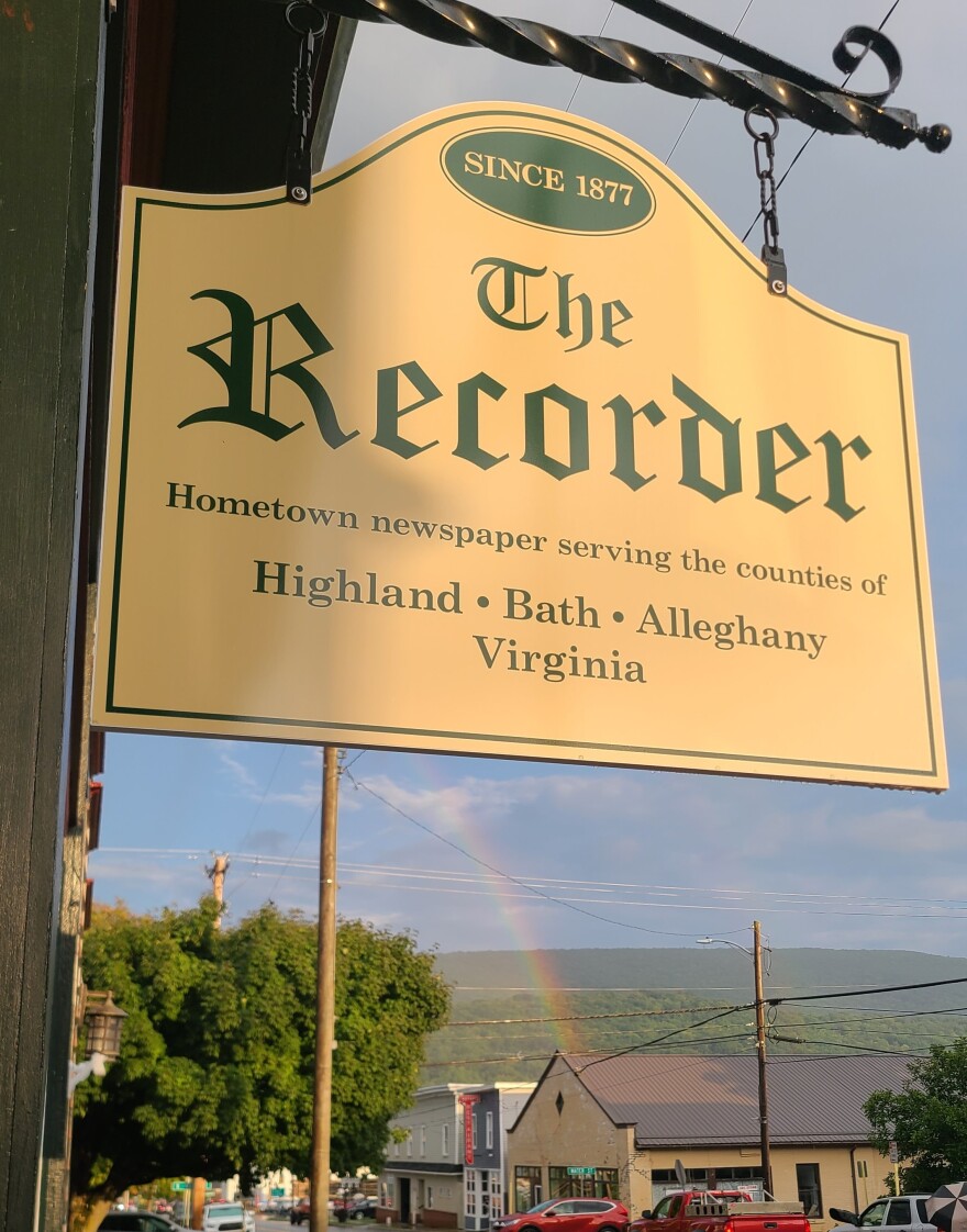 A sign outside offices of The Recorder, signifying the newspaper's history. 