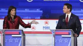 Republican presidential candidate and former U.N. Ambassador Nikki Haley, left, with Florida Gov. Ron DeSantis, speaks during a Republican presidential primary debate hosted by FOX Business Network and Univision, Sept. 27, 2023, at the Ronald Reagan Presidential Library in Simi Valley, Calif. (Mark J. Terrill/AP)