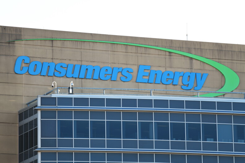 Consumers Energy logo on its headquarters building in Jackson, Michigan.
