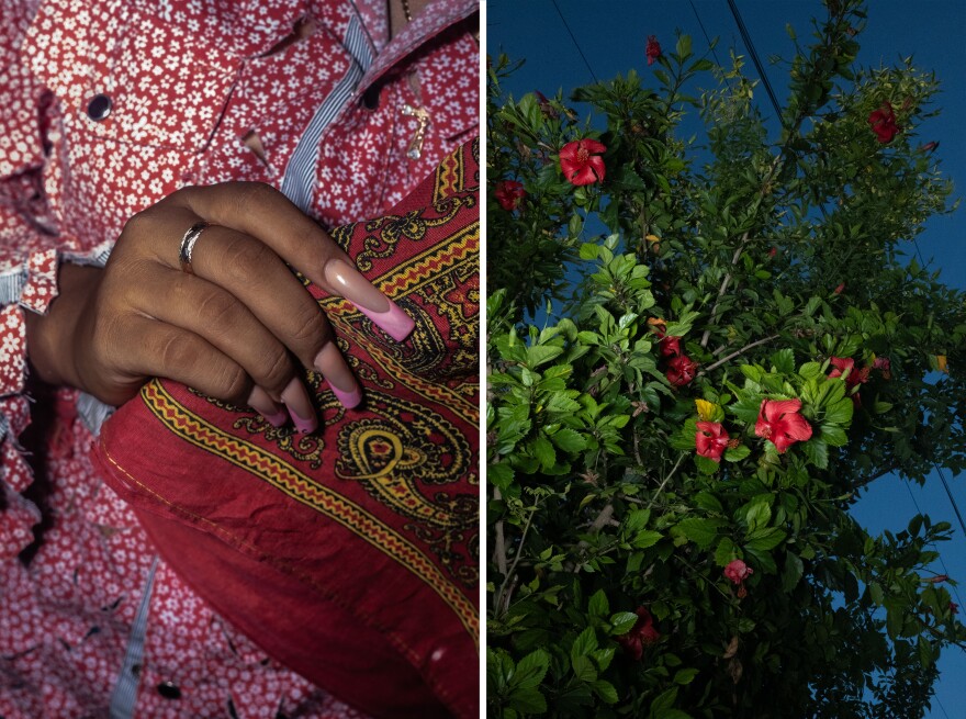 Detail of the hand of a dancer of the Diablos dance and a Mexican tulip tree in the garden overlooking the street at a house in Tamiahua, Veracruz, on July 21.