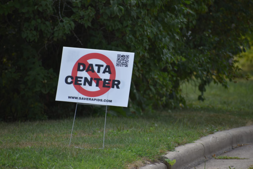 An anti-data center sign in the yard of a home in Wisconsin Rapids, WI.