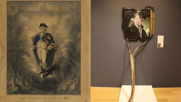 Currier & Ives, The Spirit of the Union, 1860, hand-colored lithograph on wove paper (left). Valerie Hegarty, George Washington (On a Stick), 2006 (right). The two pieces of art currently share a wall at the Hood Museum. "How should we perhaps look again...and question the idea of the past that so many of these images worked so hard to formulate?" asked the exhibition's co-curator Elizabeth Rice Mattison.