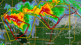 A radar image from the National Weather Service shows two tornado warnings in effect about 7:10 p.m. Wednesday, June 12, 2024. Meteorologists later confirmed through storm chaser video and local 911 operators that a tornado touched down between Aitkin and Crosby.