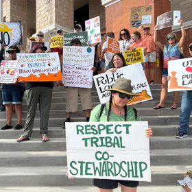 A crowd of people hold signs on a staircase. The person closest to the camera holds a sign that reads "Respect tribal co-stewardship" in green lettering. 