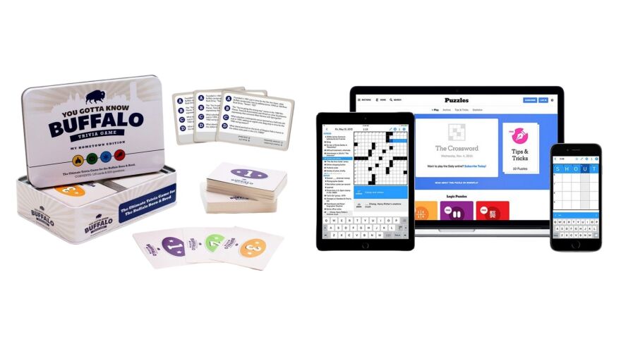 On the left: Photo of "You Gotta Know Buffalo Trivia Game". On the right: NYT Games on a tablet, computer screen, and smartphone