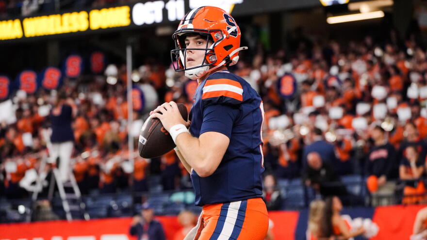 Syracuse football quarterback Steve Angeli warms up before SU's 27-20 win over Connecticut on September 6, 2025.