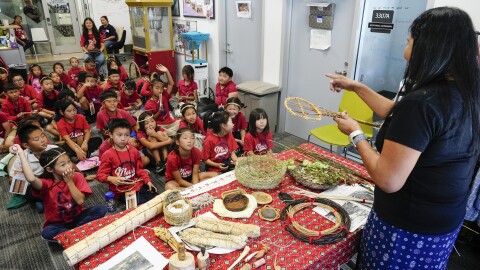 A group of fourth-grade students and teachers from Inland Empire schools take a basket-weaving class in a pre-celebration of the anticipated passage of Assembly Bill 1821 at the California Indian Cultural Awareness Conference (CICAC) at the California State University campus in San Bernardino, Calif.