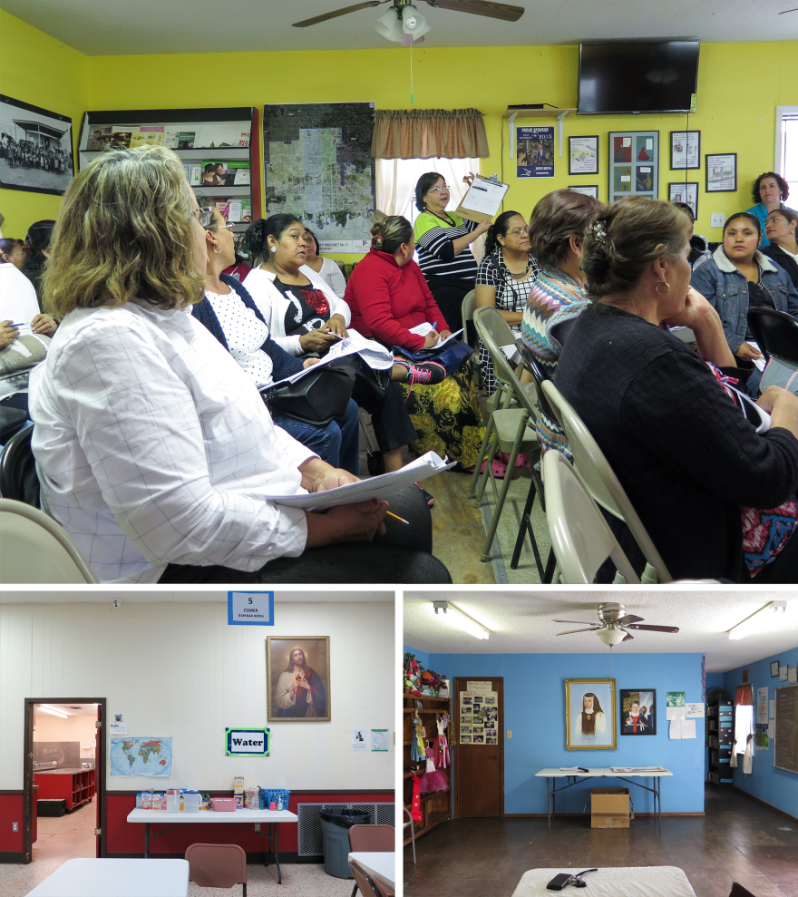 Nonprofits and churches including the Sacred Heart Catholic Respite Center (bottom right) and ARISE (top and bottom left) organize donations and legal workshops to support new migrants.