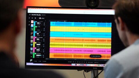Waveforms of audio files from various instruments are displayed on a computer screen during the creation of an AI musical piece at SUNO, Tuesday, Jan. 13, 2026, in Cambridge, Mass.