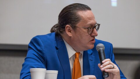 Chief of the Shawnee Nation Ben Barnes speaks on a tribal leadership panel at the United Indian Nations of Oklahoma on March 20, 2025.