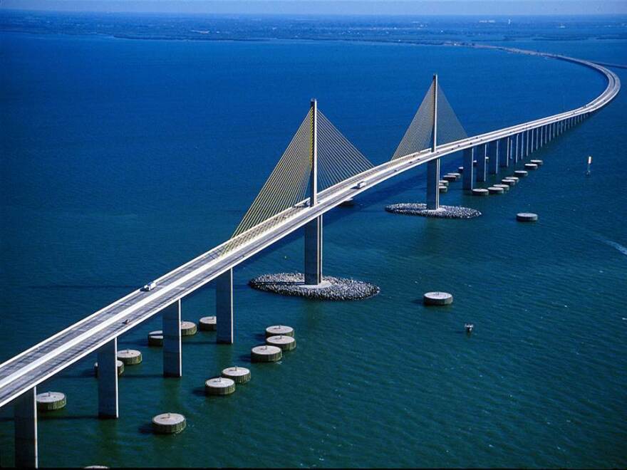 Thirty-six cylindrical concrete bumpers filled with rock line the bottom of the Sunshine Skyway, along with two rock islands that surround the main supports. These protective structures were installed after the 1980 disaster to guard the bridge against vessels crashing into it.